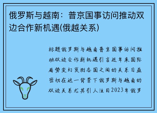 俄罗斯与越南：普京国事访问推动双边合作新机遇(俄越关系)