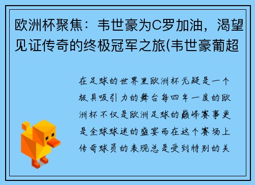 欧洲杯聚焦：韦世豪为C罗加油，渴望见证传奇的终极冠军之旅(韦世豪葡超集锦)