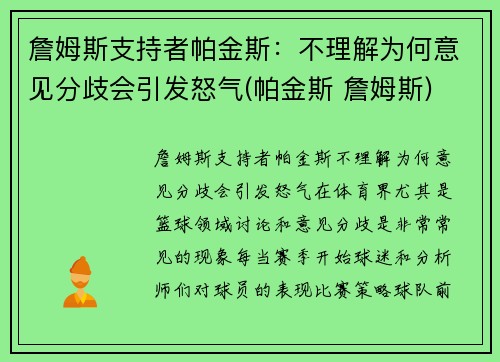 詹姆斯支持者帕金斯：不理解为何意见分歧会引发怒气(帕金斯 詹姆斯)